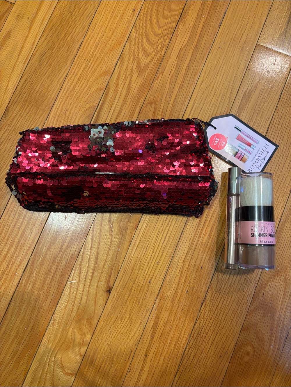 Victoria's Secret Red Sequin Pencil Case with Bombshell perfume, shimmer powder,